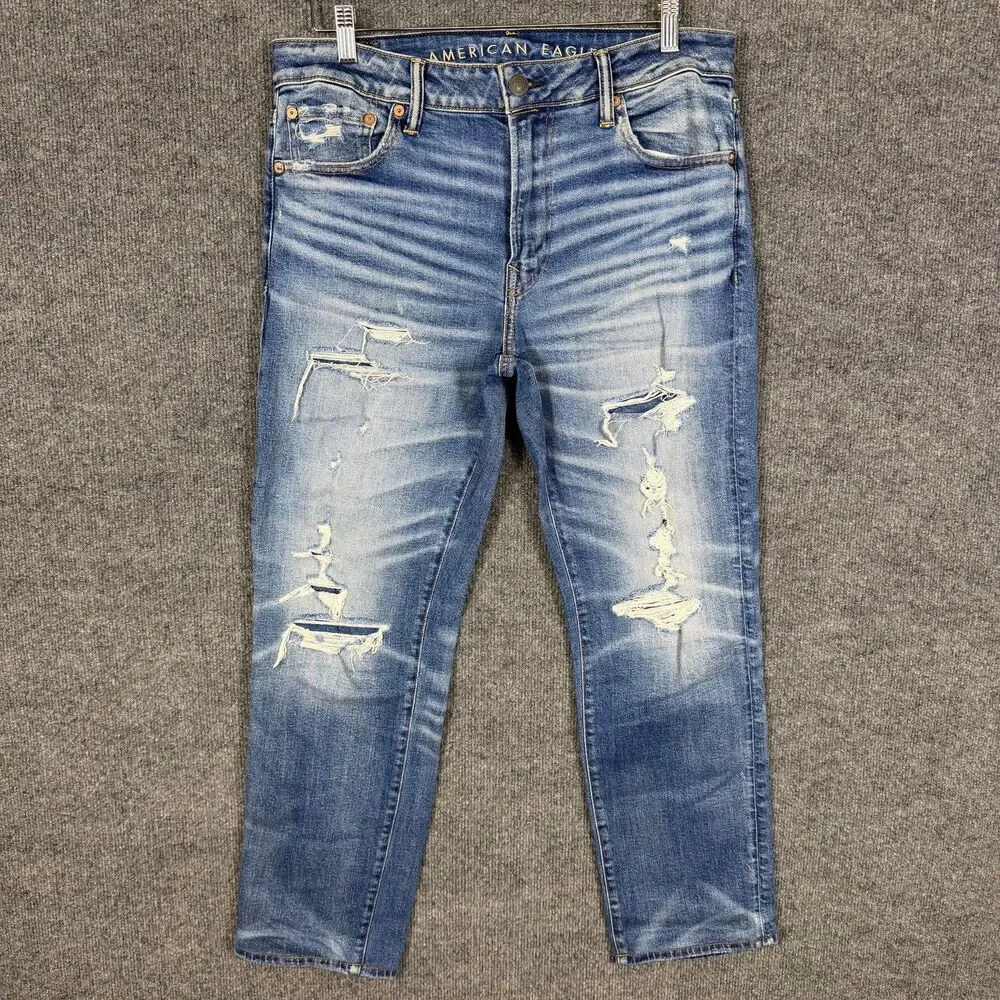 American Eagle Men's Slim Straight Jeans Airflex+ 34x28 Distressed Ripped Blue
